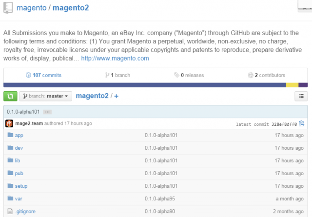 Magento 2 in Version 0.1.0-alpha101 bei Github.