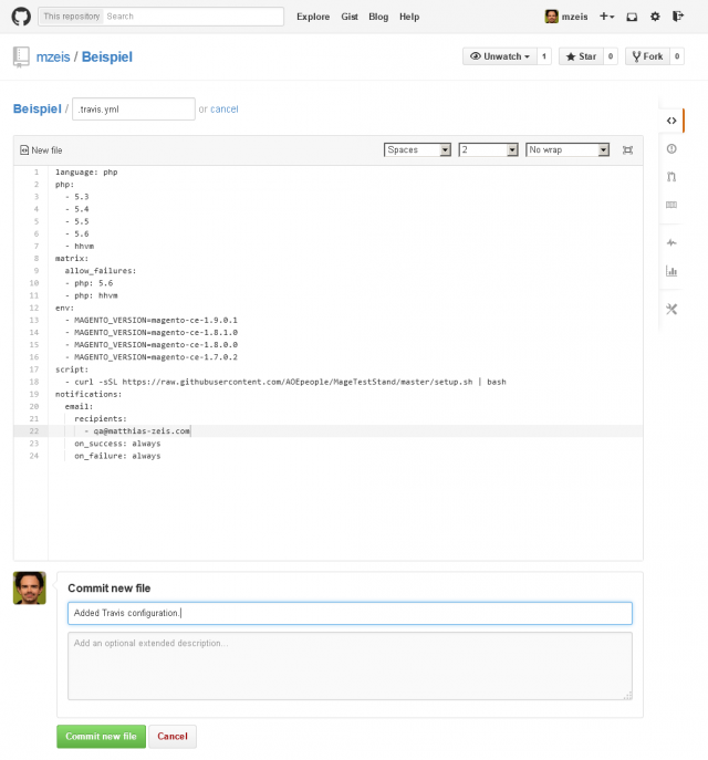 .travis.yml wird im Hauptverzeichnis des Repositories angelegt.
