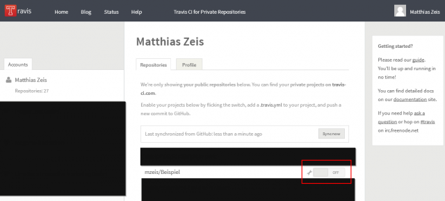 Auf der Travis-CI-Seite wird das Projekt aktiviert.
