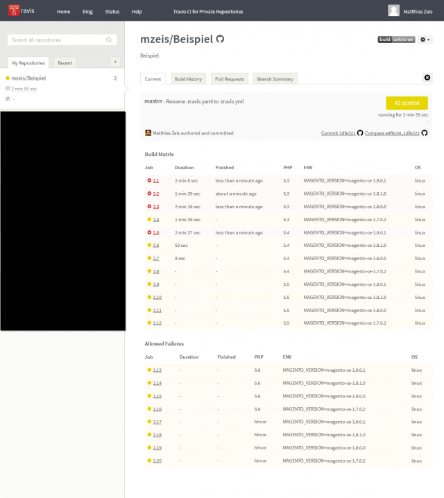 Der erste Build schlägt fehl. Ein Klick auf die Job-Nummer offenbart Details.