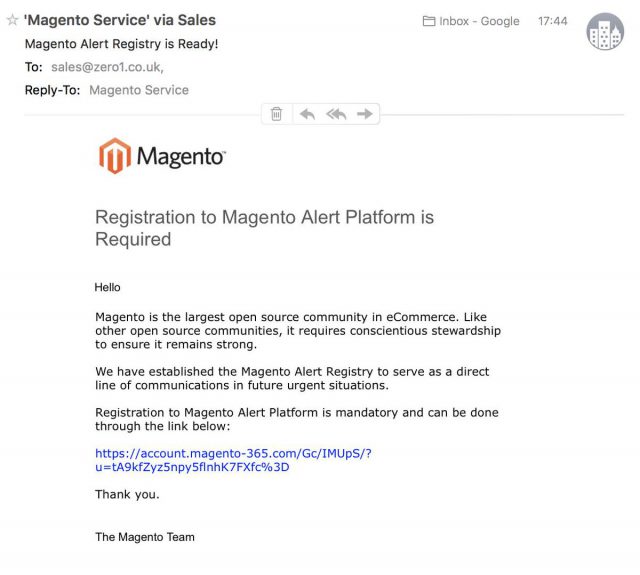 Screenshot einer offiziell aussehenden E-Mail mit dem Magento-Logo, der Überschrift "Registration to Magento Alert Platform is Required" und einem Aufforderungs-Text, sich auf der Domain account.magento-365.com zu registrieren.