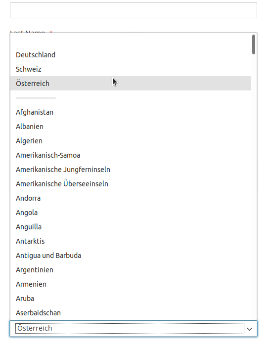 Dropdown mit einer Länderauswahl. Deutschland, Schweiz und Österreich sind allen anderen Ländern vorangestellt.