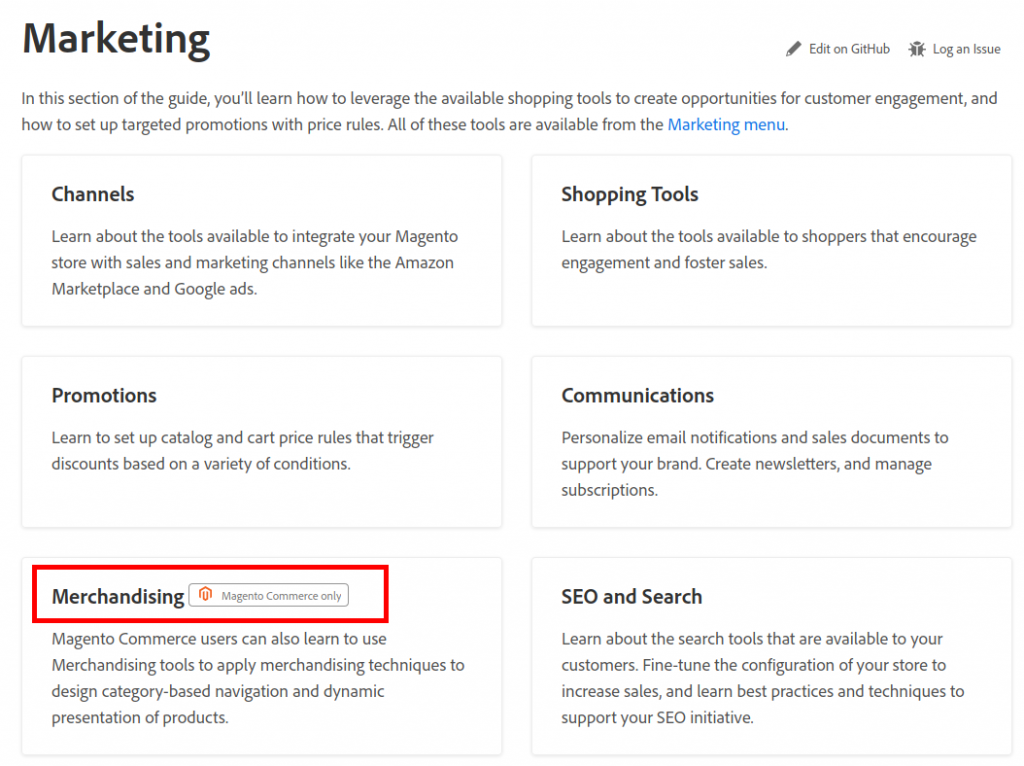Screenshot des User Guides mit einem Beispiel, in dem man sieht, dass der Abschnitt "Merchandising" nur für Magento Commerce verfügbar ist.